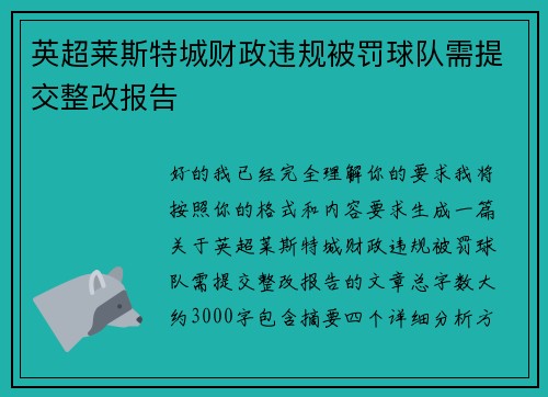 英超莱斯特城财政违规被罚球队需提交整改报告